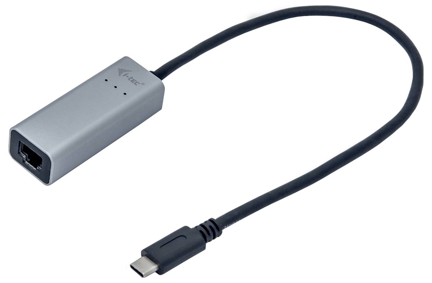 Ein silberner USB-C-auf-Ethernet-Adapter mit Kabel. Der Adapter ermöglicht die Verbindung eines Geräts mit einem Ethernet-Netzwerk.