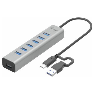 USB-Hub mit sieben USB-3.0-Anschlüssen, silbernes Gehäuse, angeschlossenem Kabel mit USB-C- und USB-A-Stecker.