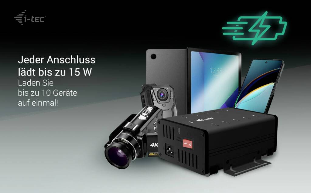 Auf dem Bild sind verschiedene elektronische Geräte vor einer stilisierten Lade-Symbolik. Text: 'Jeder Anschluss lädt bis zu 15 W'.