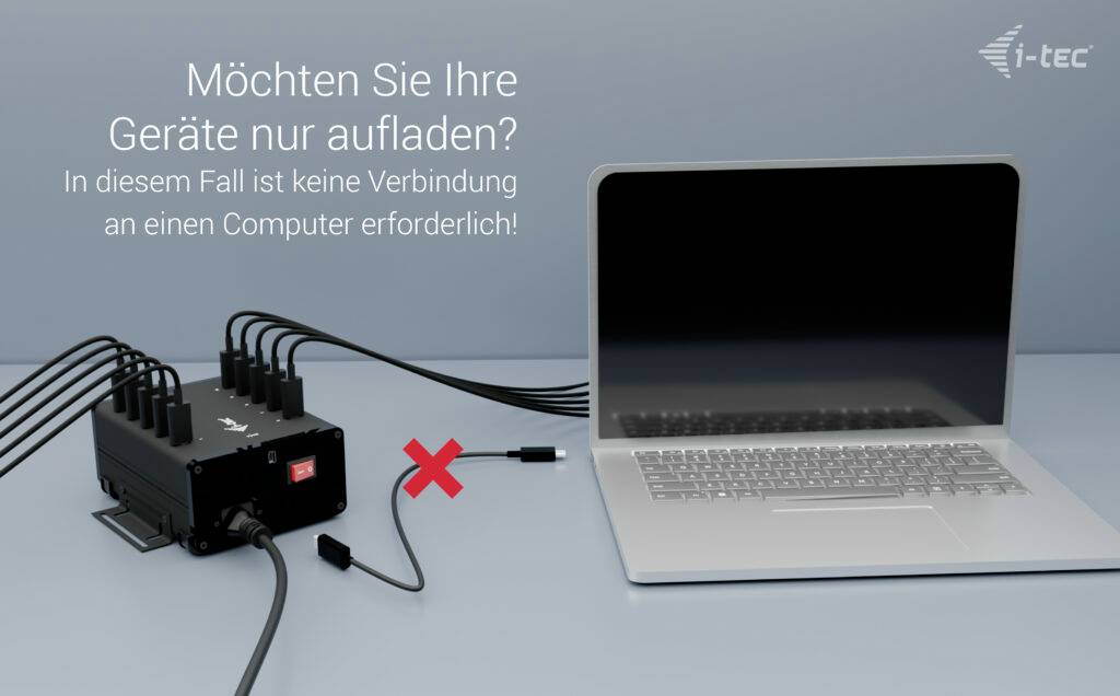 Laptop wird nicht mit Dockingstation verbunden. Schriftzug im Bild: 'Möchten Sie Ihre Geräte nur aufladen? Keine Computerverbindung erforderlich!'