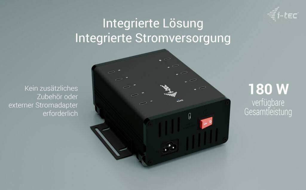 In der Abbildung ist ein schwarzes Gerät mit der Aufschrift 'Integrierte Lösung, Integrierte Stromversorgung' und '180 W verfügbare Gesamtleistung' zu sehen.