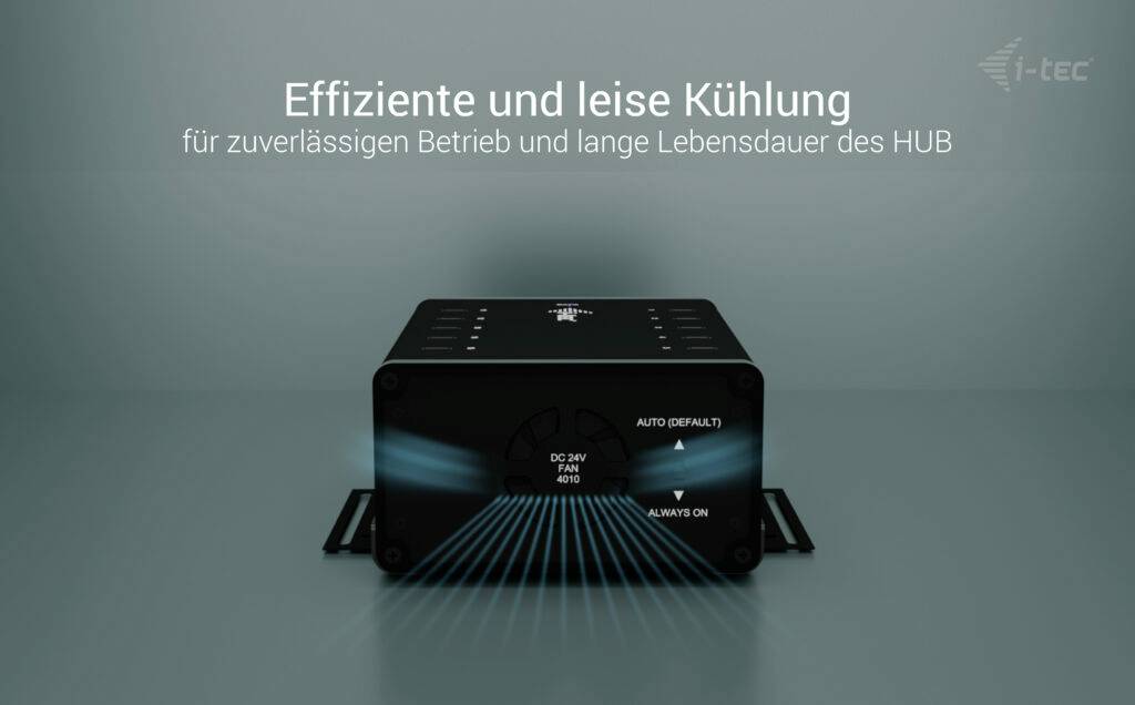 'Gehäuse mit Lüftungsschlitzen und Kontrollleuchten, bietet effiziente und leise Kühlung für zuverlässigen Betrieb des HUBs.'