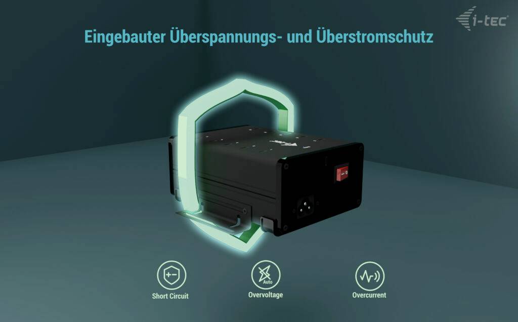 'Integrierter Überspannungs- und Überstromschutz': Ein schwarzes Gerät mit Sicherheitsmerkmalen wie Kurzschluss-, Überspannungs- und Überstromschutz.