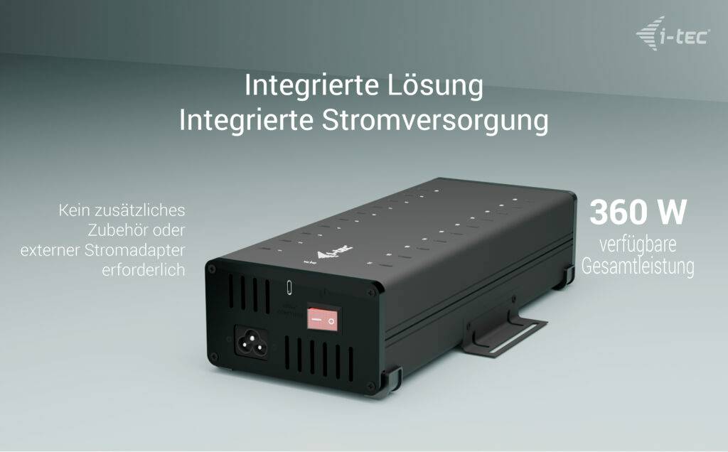 Schwarzes Netzteil mit Aufschrift 'Integrierte Lösung, Integrierte Stromversorgung'. Text: 'Keine zusätzlichen Zubehör oder Adapter erforderlich', '360 W verfügbare Gesamtleistung'.