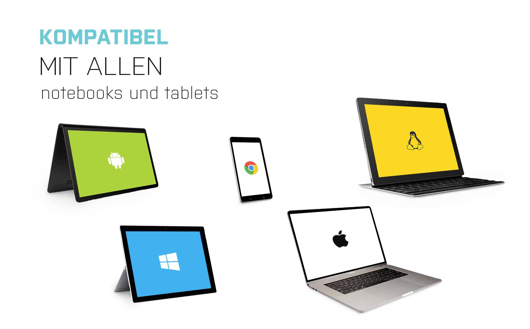 Mehrere Geräte mit Logos von Android, Chrome, Linux, Windows und Apple. Text: 'Kompatibel mit allen Notebooks und Tablets'.