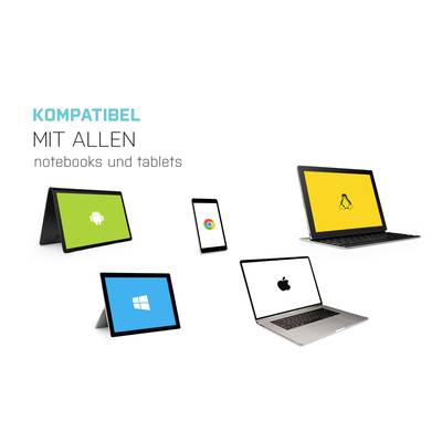Mehrere Geräte mit Logos von Android, Chrome, Linux, Windows und Apple. Text: 'Kompatibel mit allen Notebooks und Tablets'.
