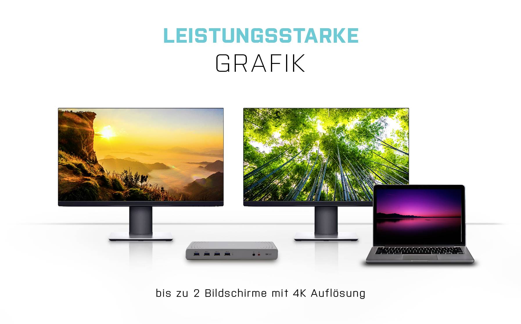 Zwei Monitore und ein Laptop zeigen bunte Grafiken; Text oben: 'Leistungsstarke Grafik', unten: 'bis zu 2 Bildschirme mit 4K Auflösung'.
