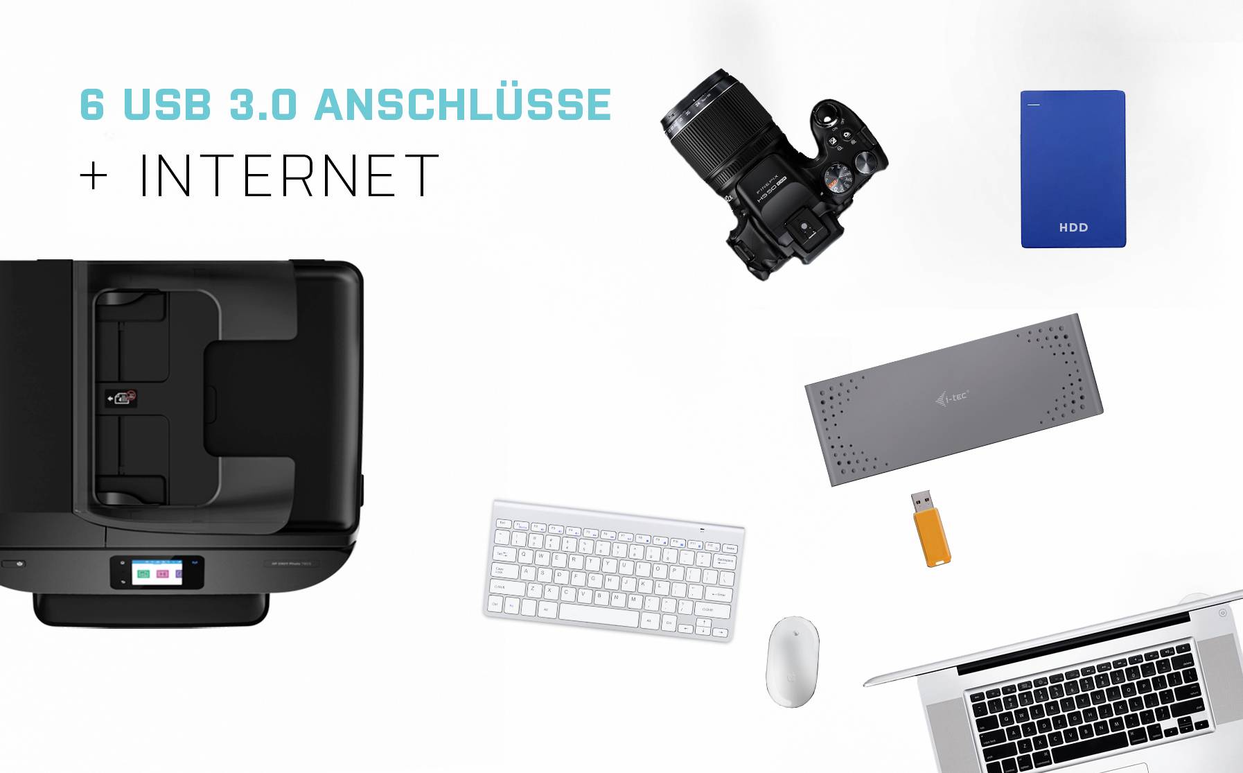 '6 USB 3.0 Anschlüsse + Internet' - Bild zeigt diverse Geräte wie Kamera, Festplatte, Drucker und Laptop, die verbunden werden können.