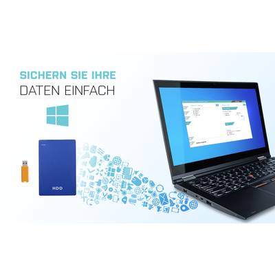 Laptop mit Backup-Software, externer Festplatte und USB-Stick. Text: 'Sichern Sie Ihre Daten einfach'. Windows-Logo im Hintergrund.