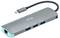 Ein USB-C-Hub mit drei USB-3.0-Anschlüssen, einem LAN-Port und einem HDMI-Ausgang. Kabel mit USB-C-Stecker an einem Ende.