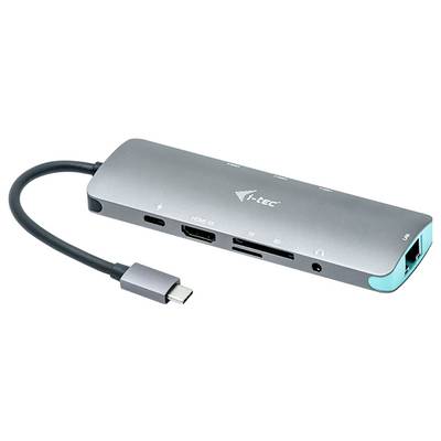 Ein silberner USB-C-Hub mit mehreren Anschlüssen, darunter HDMI, USB, LAN und SD-Kartenleser, auf einem weißen Hintergrund.