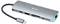 Ein silberner USB-C-Hub mit mehreren Anschlüssen, darunter HDMI, USB, LAN und SD-Kartenleser, auf einem weißen Hintergrund.