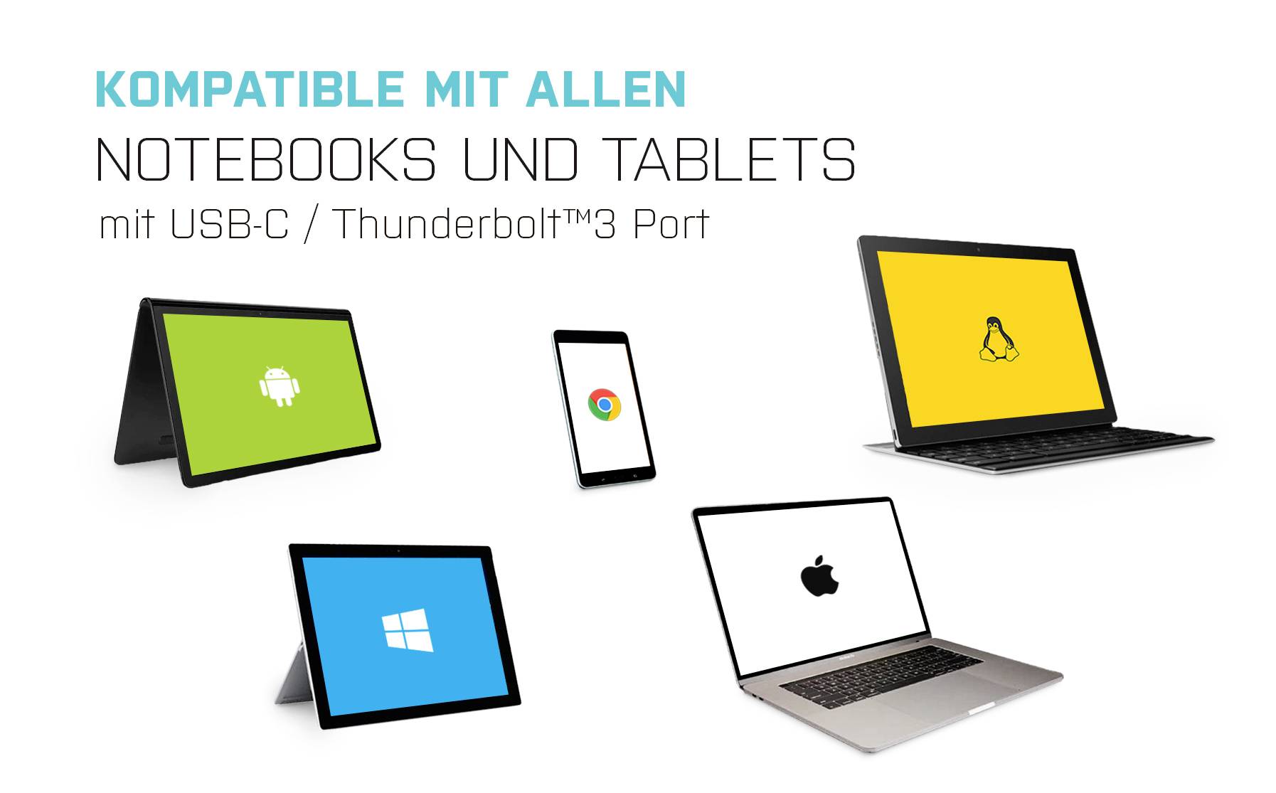 Kompatibel mit allen Notebooks und Tablets mit USB-C/Thunderbolt™ 3 Port. Verschiedene Geräte mit Symbolen für Android, Windows, Apple.