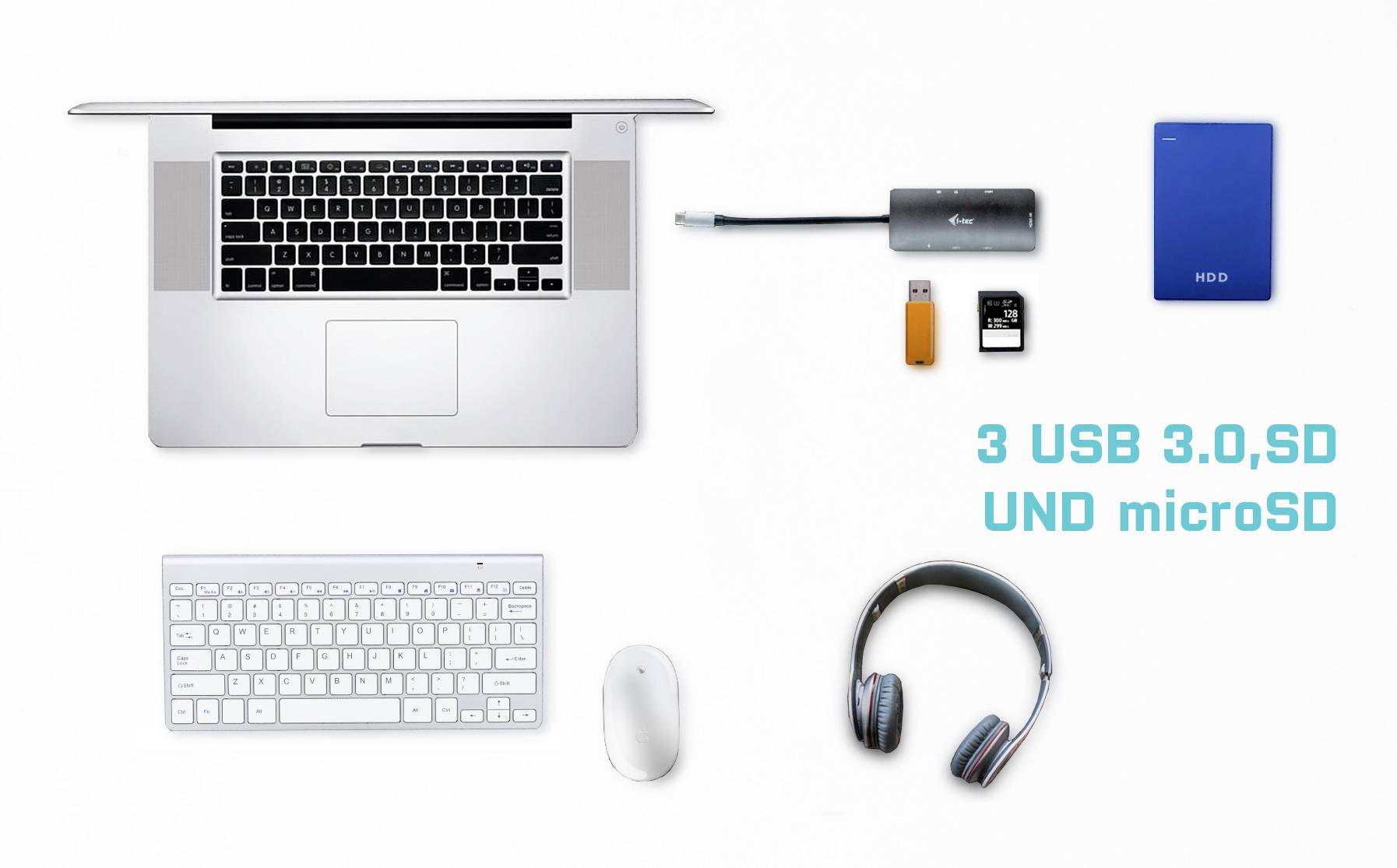Laptop, externe Festplatte, USB-Hub, Maus, Tastatur, Kopfhörer. Text: '3 USB 3.0, SD und microSD'. Arbeitsbereich mit Computerzubehör.