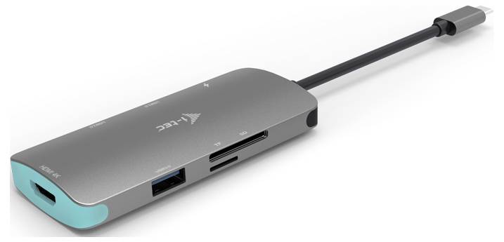 USB-C Hub, silber, kompakt, mit HDMI-Port, USB 3.0-Anschluss und SD-Kartenleser. Für erweiterte Konnektivität von Geräten.