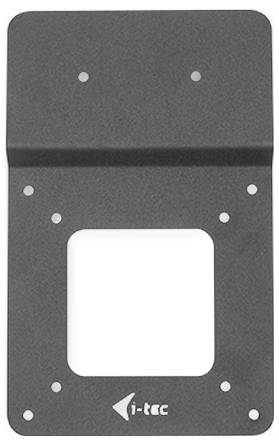 Montagehalterung aus Metall mit der Aufschrift 'i-tec', vermutlich für elektronische Geräte, mit mehreren Befestigungslöchern.
