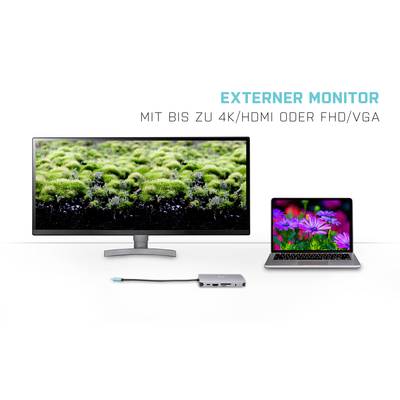 Externer Monitor neben Laptop, verbunden über Adapter, zeigt Pflanzenbild. Text oben: 'Externer Monitor mit bis zu 4K/HDMI oder FHD/VGA'.