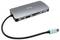 Ein silberner USB-C-Hub mit mehreren Anschlüssen, darunter HDMI, USB-A, USB-C und Kartensteckplätze. Ein kurzes Kabel mit USB-C-Stecker.
