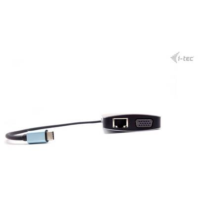 Ein Adapter mit USB-C-Anschluss und RJ-45/Ethernet- sowie VGA-Port. Marke 'i-tec' oben rechts im Bild.
