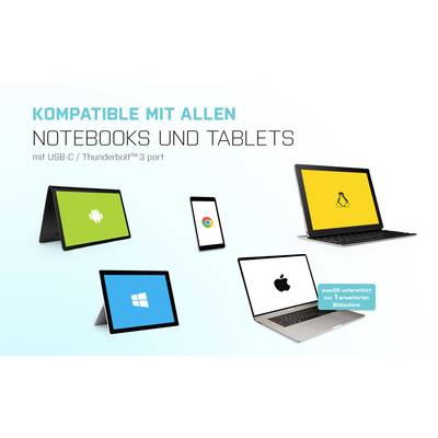 Verschiedene Geräte mit unterschiedlichen Betriebssystemen, angezeigt mit der Aufschrift 'Kompatibel mit allen Notebooks und Tablets'.