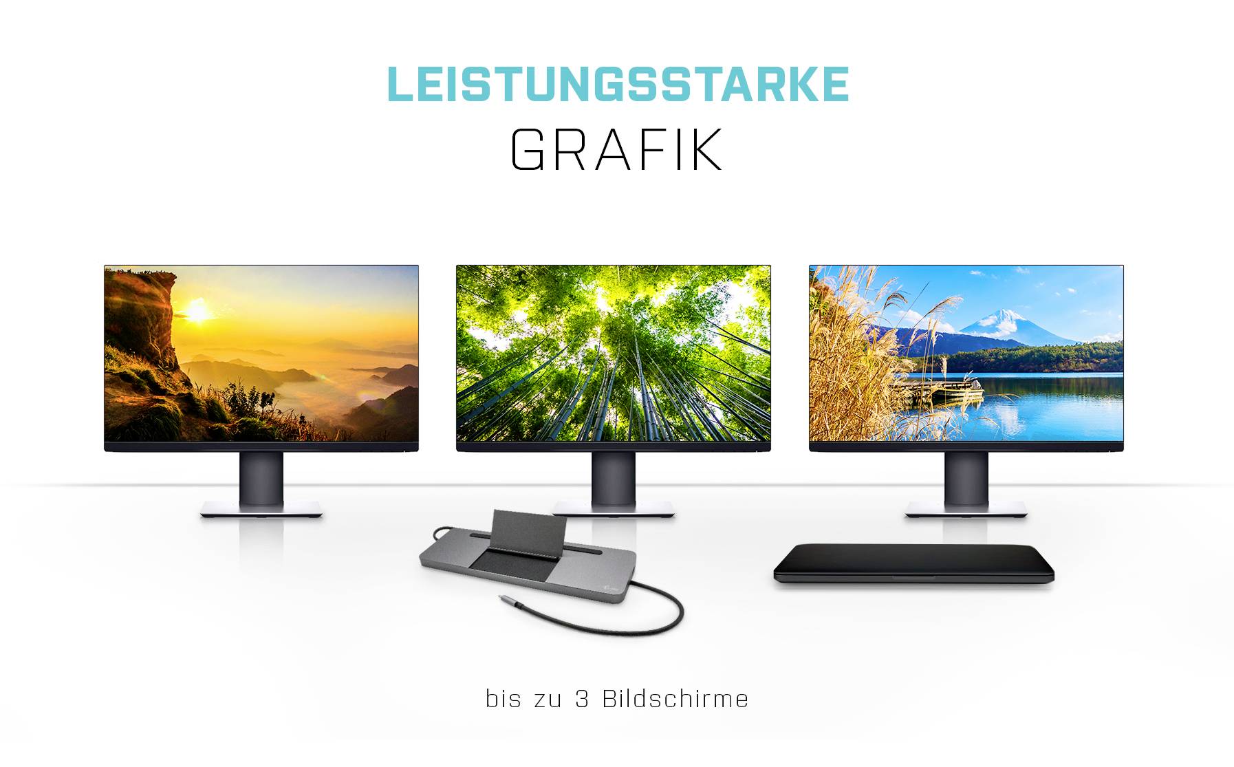 Drei Monitore zeigen verschiedene Landschaften. Text oben: 'Leistungsstarke Grafik'. Unten: 'bis zu 3 Bildschirme'.
