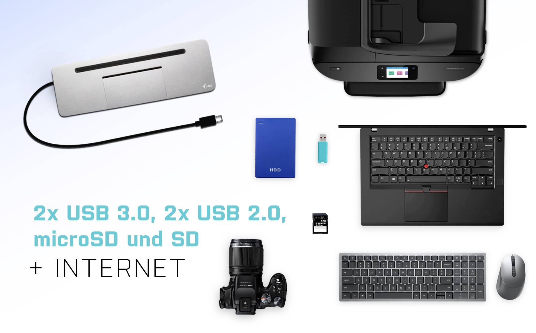 Laptop, Kamera, Drucker, USB-Stick, Festplatte, Maus, Tastatur und Adapter sind gezeigt. Text: '2x USB 3.0, 2x USB 2.0, microSD und SD + INTERNET'.