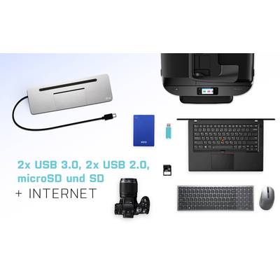 Laptop, Kamera, Drucker, USB-Stick, Festplatte, Maus, Tastatur und Adapter sind gezeigt. Text: '2x USB 3.0, 2x USB 2.0, microSD und SD + INTERNET'.
