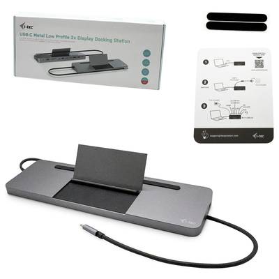 USB-C-Dockingstation mit niedrigem Profil und 3-Anzeigenfunktion. Enthält Verpackung, Kurzanleitung und Kabel.