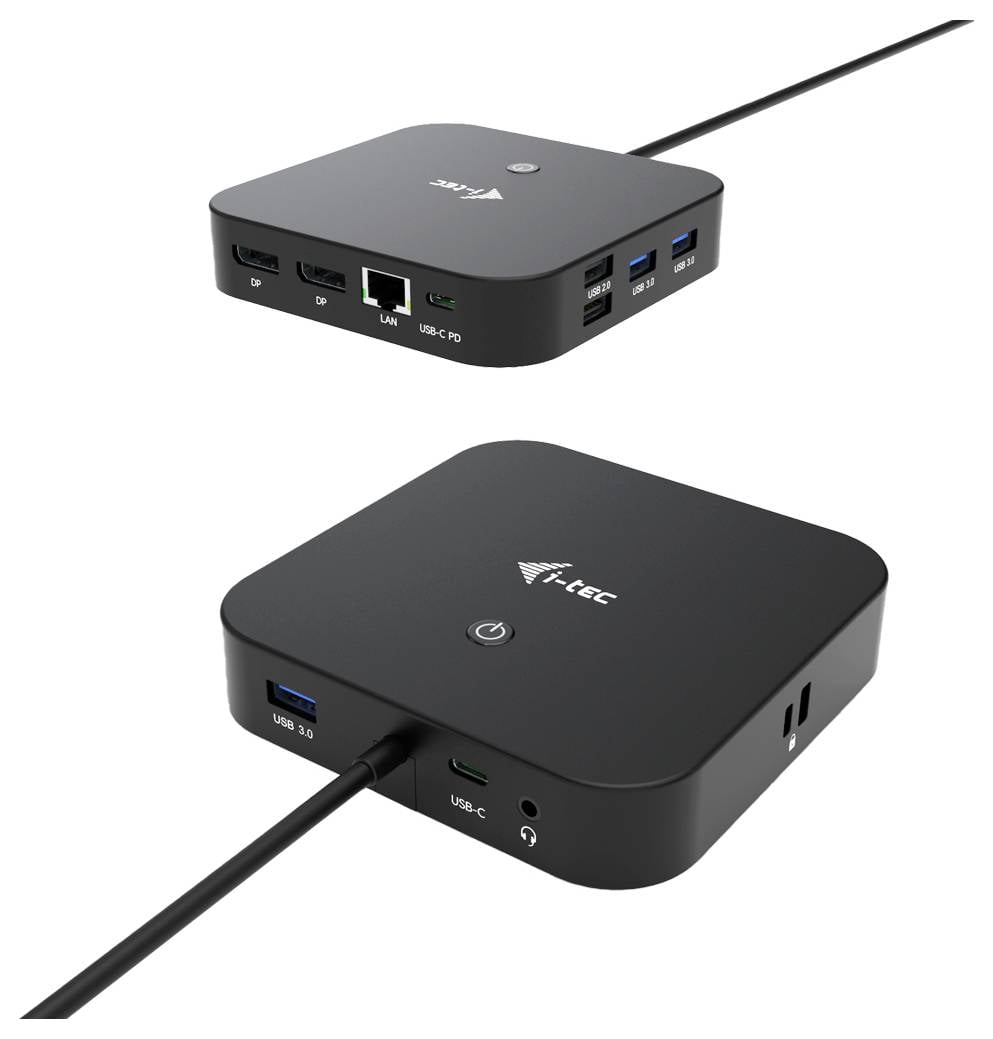 Eine schwarze Dockingstation mit mehreren Anschlüssen, einschließlich USB, HDMI und Ethernet, zur Verbindung von Geräten und Peripheriegeräten.