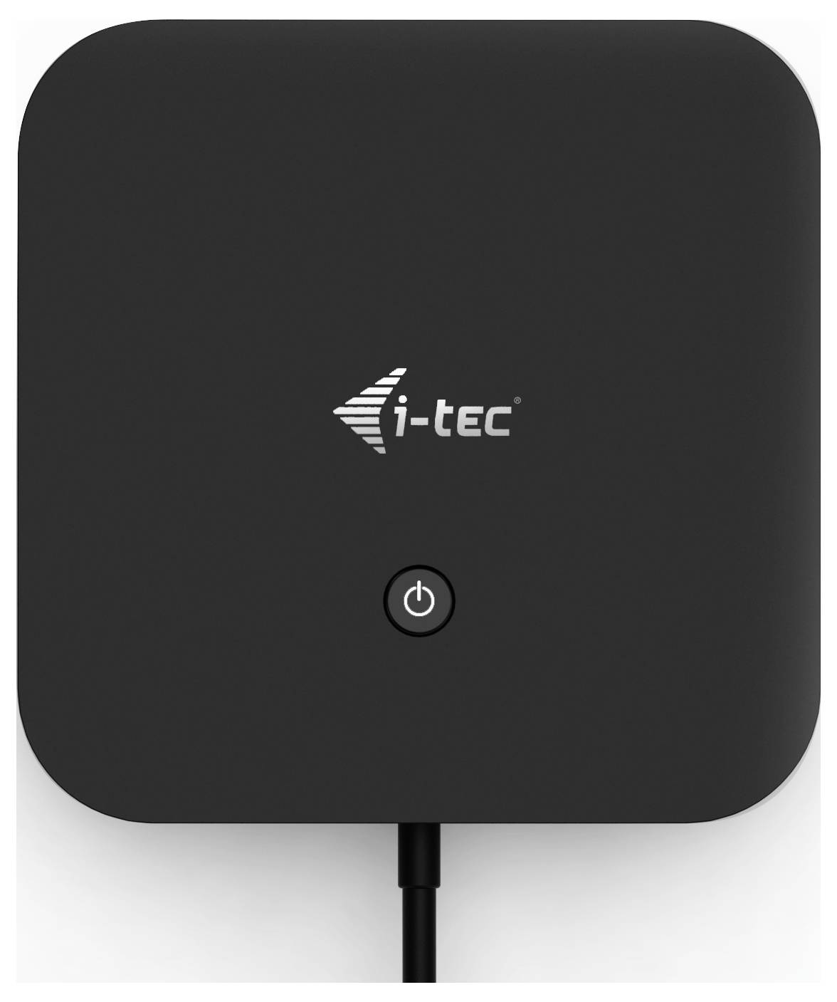 Schwarzes technisches Gerät mit 'i-tec'-Logo und Netzschalter in der Mitte, verbunden mit einem Kabel.