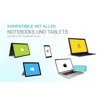'Kompatibel mit allen Notebooks und Tablets mit USB-C und Thunderbolt™ 3 Port.' Verschiedene Geräte mit Betriebssystem-Logos.