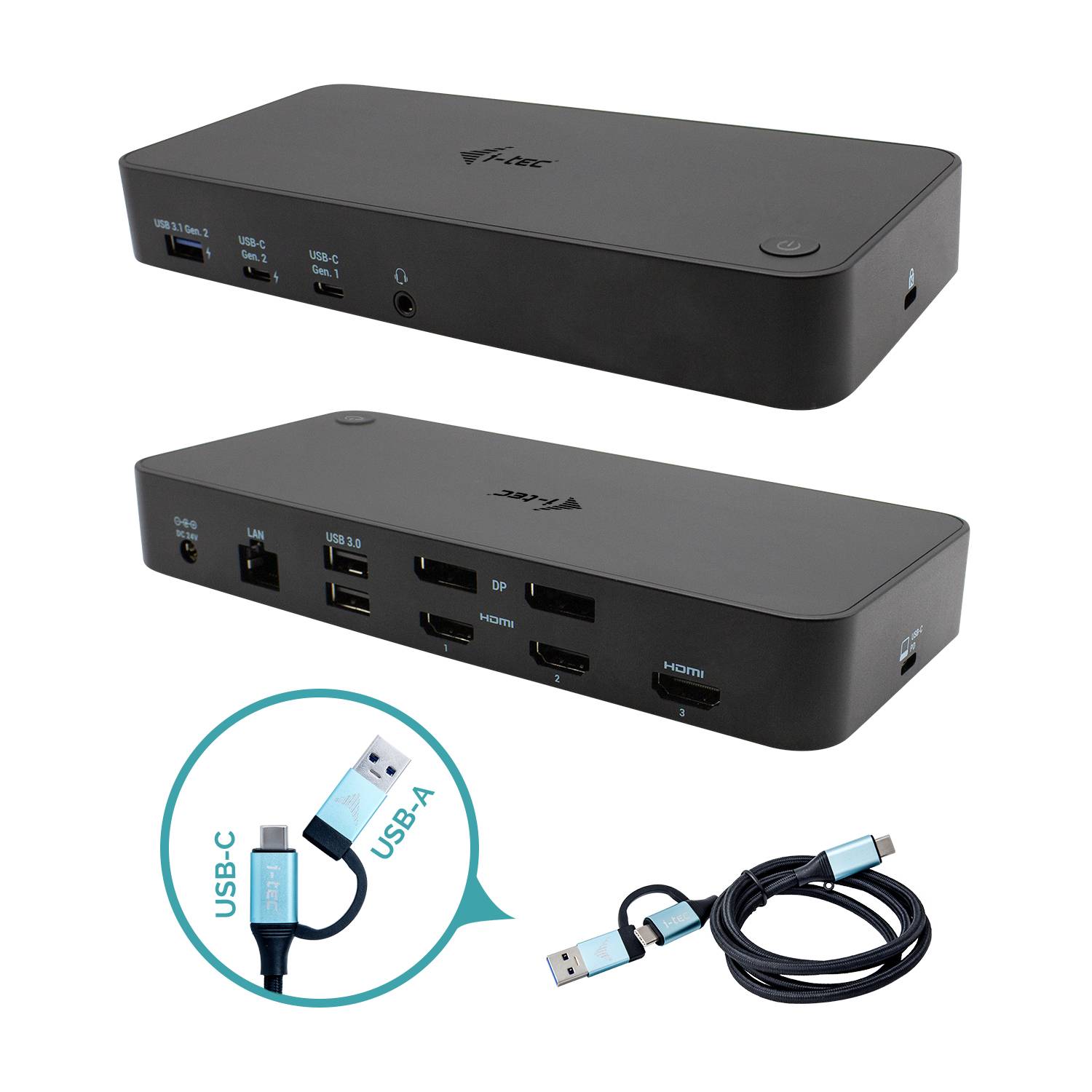 'Dockingstation mit mehreren Anschlüssen: USB-C, HDMI, DisplayPort, USB-A, LAN. Inklusive Kabel mit USB-C und USB-A Steckern.'