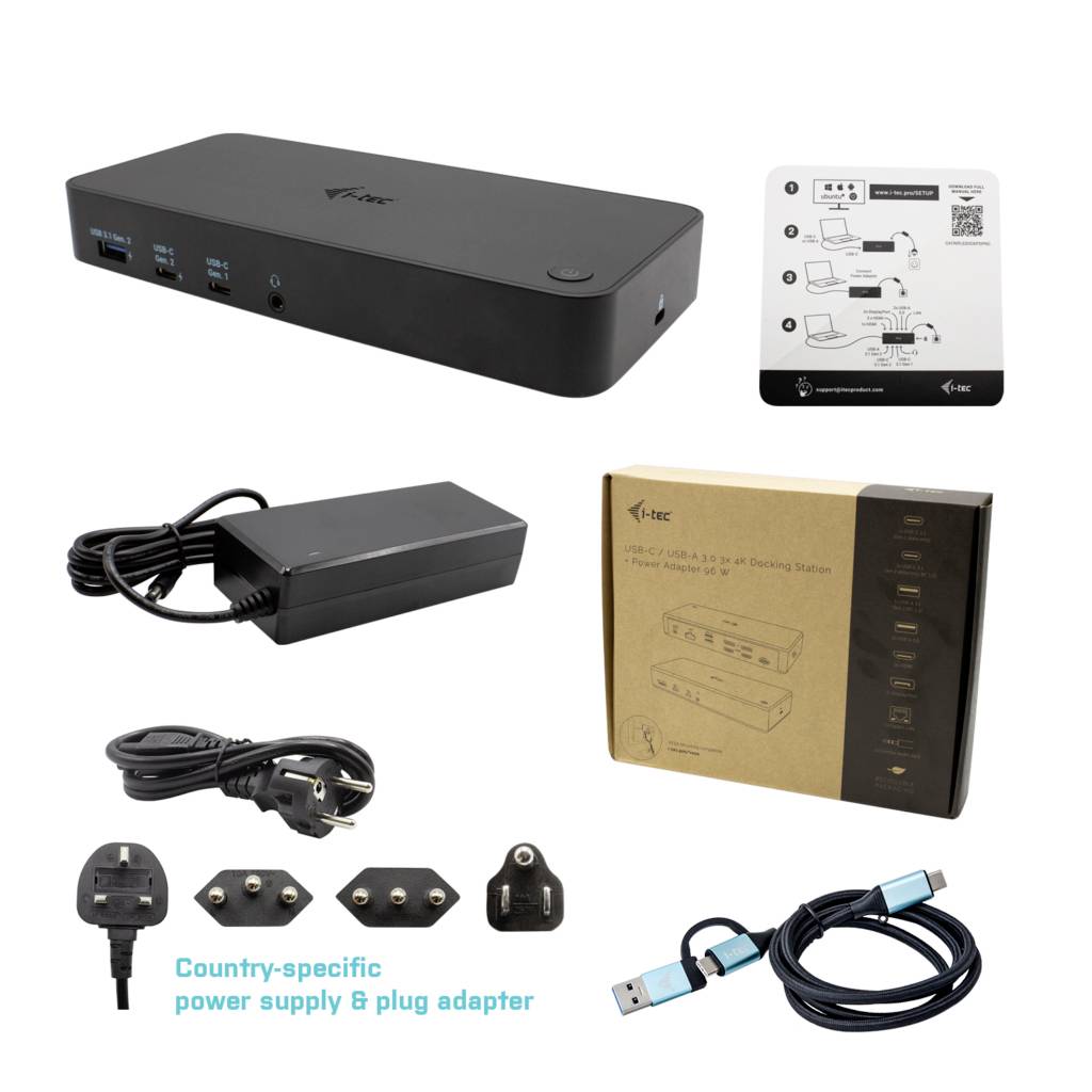 Eine schwarze Dockingstation mit mehreren USB-Anschlüssen, Netzteil mit variablen Steckern, USB-Kabel und Anleitung.