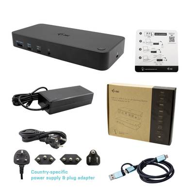 Eine schwarze Dockingstation mit mehreren USB-Anschlüssen, Netzteil mit variablen Steckern, USB-Kabel und Anleitung.