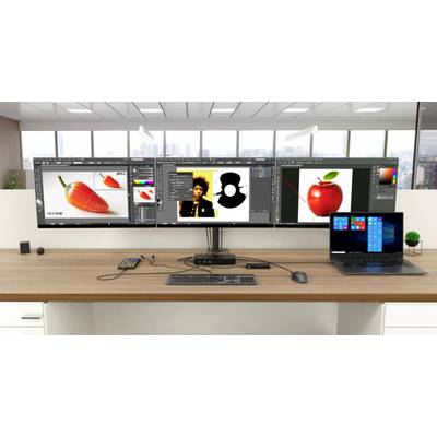 Ein Schreibtisch mit drei Monitoren und einem Laptop, die Bildbearbeitungssoftware und Windows-Desktop-Ansicht anzeigen. Büroeinrichtung im Hintergrund.