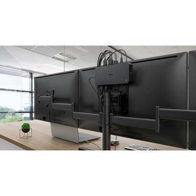 Zwei Computerbildschirme auf einem Schreibtisch mit einem kleinen grünen Pflanzentopf, in einem modernen Büro mit Fenstern im Hintergrund.