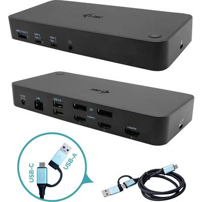 Eine schwarze Dockingstation bietet mehrere Anschlüsse: USB, LAN, DisplayPort, HDMI. Ein Kabel mit USB-C- und USB-A-Stecker liegt bei.