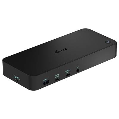 Schwarze Dockingstation mit mehreren USB-Anschlüssen, USB-C und Audioausgang. Oben rechts ein Ein-/Ausschalter.