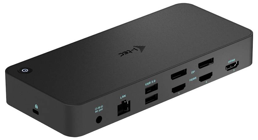 Schwarze Dockingstation mit mehreren Anschlüssen: USB, HDMI, LAN und DisplayPorts, geeignet für den Anschluss mehrerer Geräte.