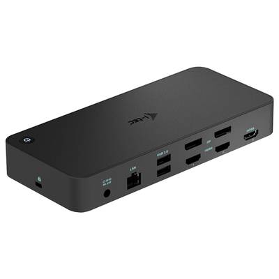 Schwarze Dockingstation mit mehreren Anschlüssen: USB, HDMI, LAN und DisplayPorts, geeignet für den Anschluss mehrerer Geräte.