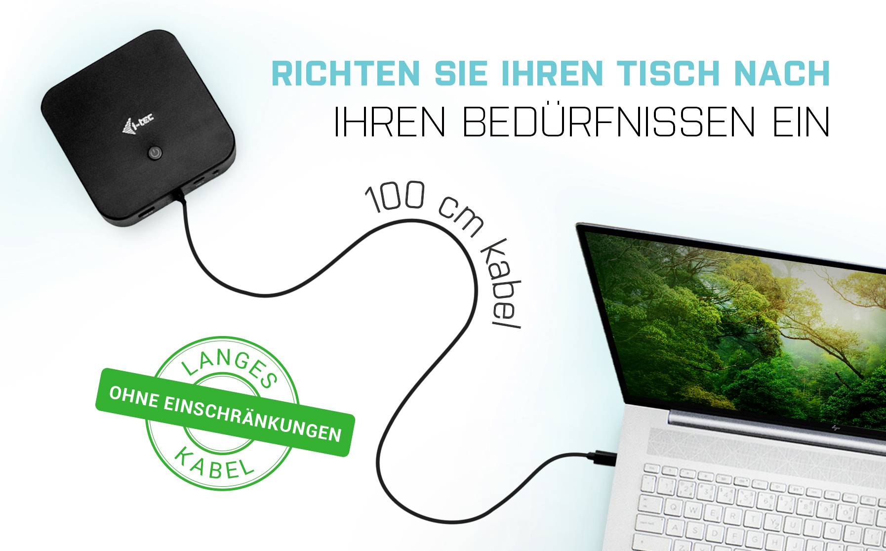 Externer Akku verbunden mit Laptop, zeigt 100 cm langes Kabel. Text: 'Richten Sie Ihren Tisch nach Ihren Bedürfnissen ein.'
