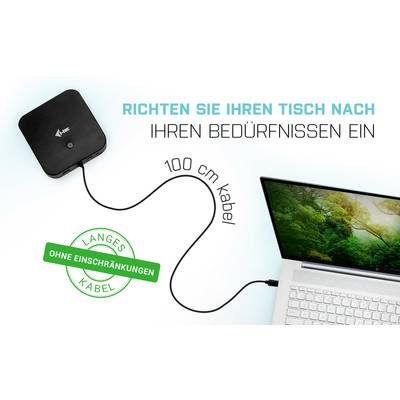 Externer Akku verbunden mit Laptop, zeigt 100 cm langes Kabel. Text: 'Richten Sie Ihren Tisch nach Ihren Bedürfnissen ein.'