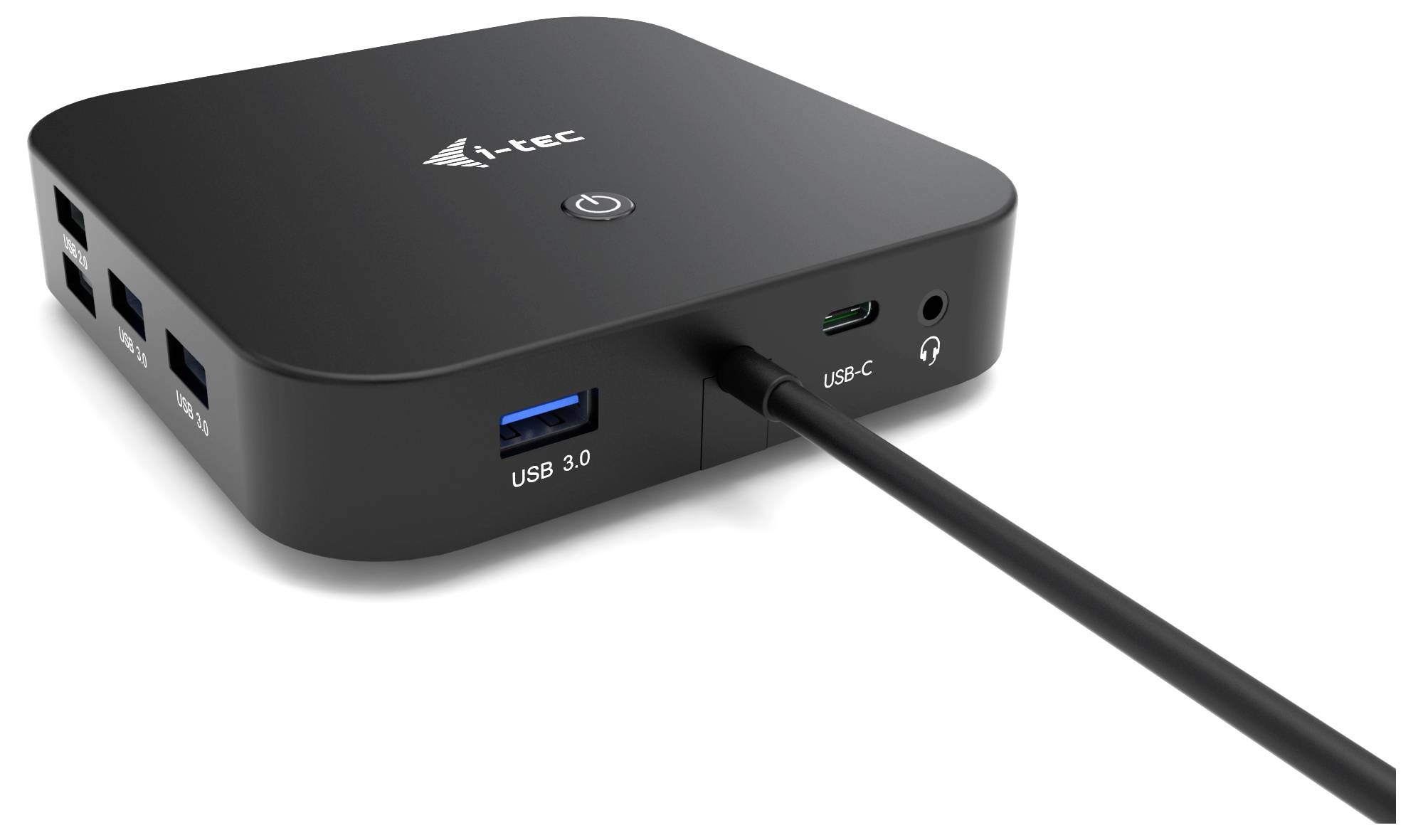 Schwarze i-tec Dockingstation mit mehreren Anschlüssen, darunter USB 3.0 und USB-C, daneben ein angeschlossenes Kabel.