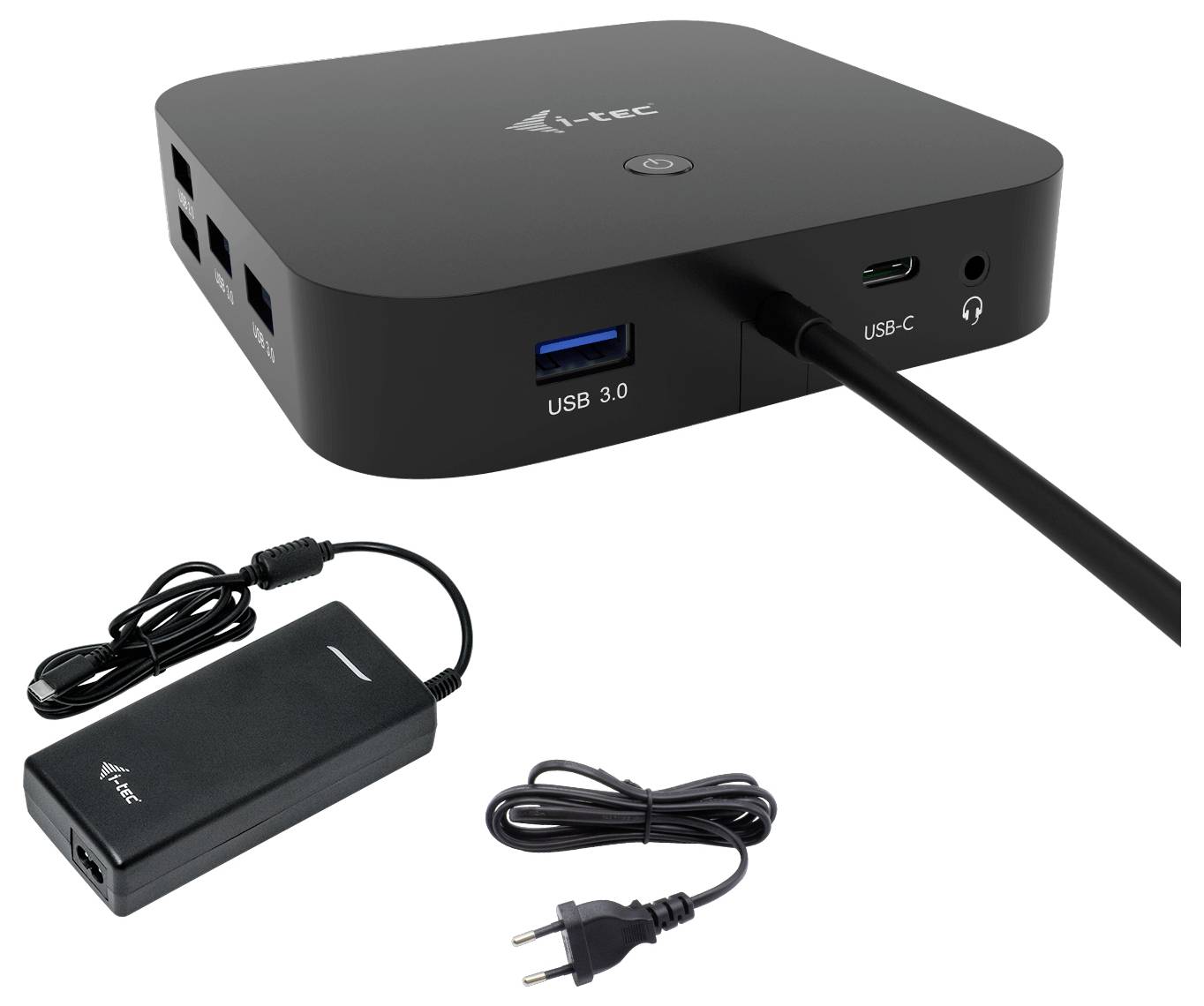 Schwarze USB-C-Dockingstation mit USB 3.0- und USB-C-Anschluss. Enthält Netzadapter und Stromkabel mit EU-Stecker.