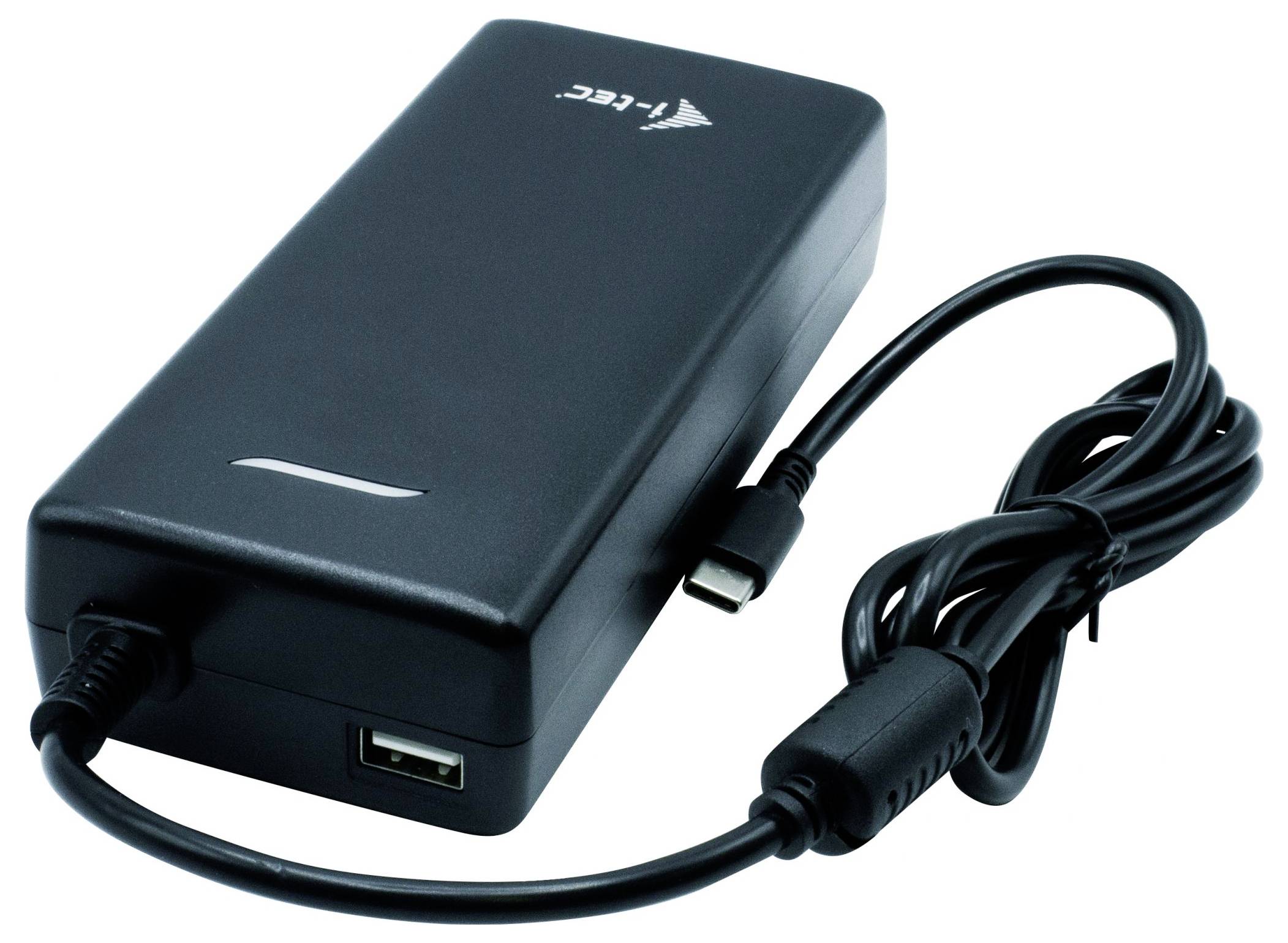 Ein schwarzes externes Ladegerät mit einem USB-Anschluss und einem daran befestigten Kabel mit USB-C-Stecker.