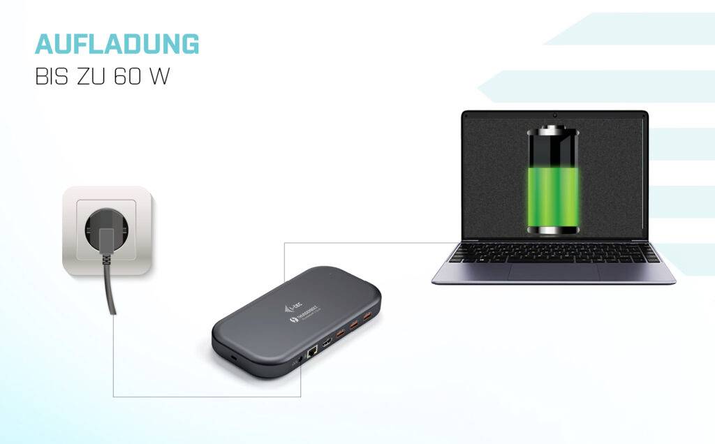 'Laptop wird über ein Ladegerät an der Steckdose mit bis zu 60 W aufgeladen. Der Ladezustand wird mit einem vollen Batterie-Symbol angezeigt.'