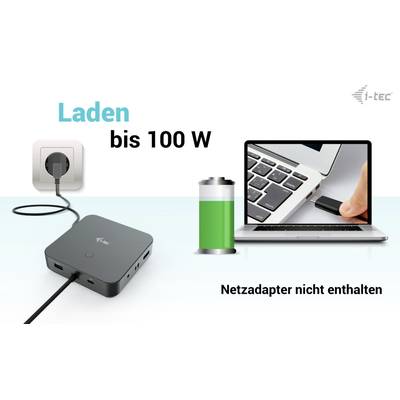 'Laden bis 100 W: Ein USB-C-Hub ist an eine Steckdose angeschlossen und lädt einen Laptop. Netzadapter nicht enthalten.'