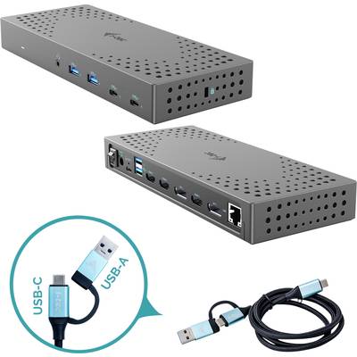 Das Bild zeigt eine graue USB-Dockingstation mit mehreren Anschlüssen, darunter USB-A und USB-C, sowie ein USB-Kabel mit beiden Steckertypen.