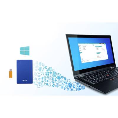 Ein Laptop zeigt ein Datenwiederherstellungsprogramm. Links davon ein USB-Stick, eine externe Festplatte und Symbole für Dateien.