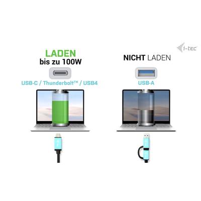 Laptop zeigt Ladezustand: Linke Seite 'Laden bis zu 100W' über USB-C/Thunderbolt™/USB4, rechte Seite 'Nicht laden' über USB-A.